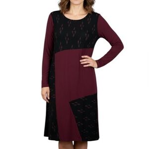 Kozan Colourblock Long Sleeve Jersey Knit Shift Dress Medium Black Burgundy